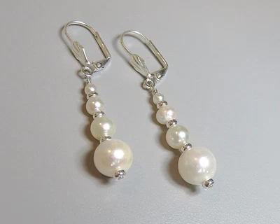 Silver White Pearl Dangle Drop Earrings Cultured Pearl - Image 1 of 4