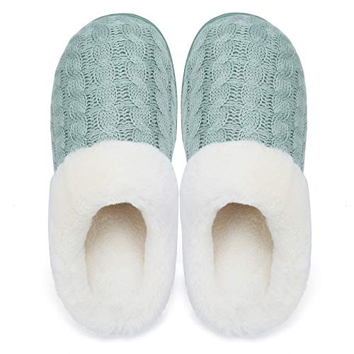 Women's Memory Foam Slippers Knitted Fur Collar House Shoes Anti 9-10 Green - Picture 4 of 6
