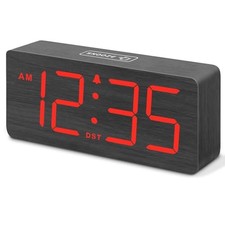  Wooden Digital Alarm Clock for Bedroom - Desk Clocks for Black-red (Plug-in)