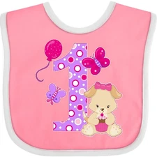Inktastic First Birthday With Cute Puppy And Butterflies Baby Bib Birthdays 1st
