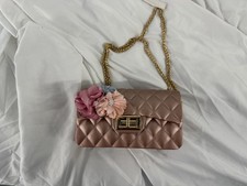 Pink Quilted Shoulder Bag Flower Accent Gold Chain Hardware for Women Party