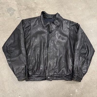 VINTAGE LEATHERWORLD GENUINE LEATHER PYTHON TEXTURE BOMBER JACKET BLACK 40 MED