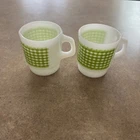 2 Vintage Anchor Hocking Fire King Gingham Green Milk Glass Mug Cups Made in USA