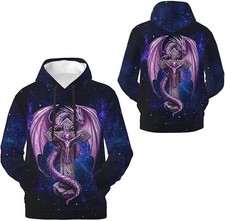 Unisex Purple Dragon Hoodie Gothic Pullover Sweatshirt with Cosmic Cross