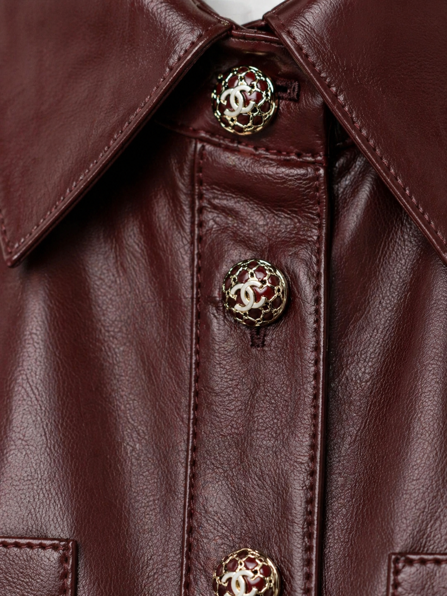 CHANEL 22P BURGUNDY LAMBSKIN CRYSTAL CC LOGO BUTTON JACKET FR42