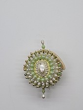 Vintage Push Pin Green  Cream Sequin Beaded Ornament With Velvet Ribbon