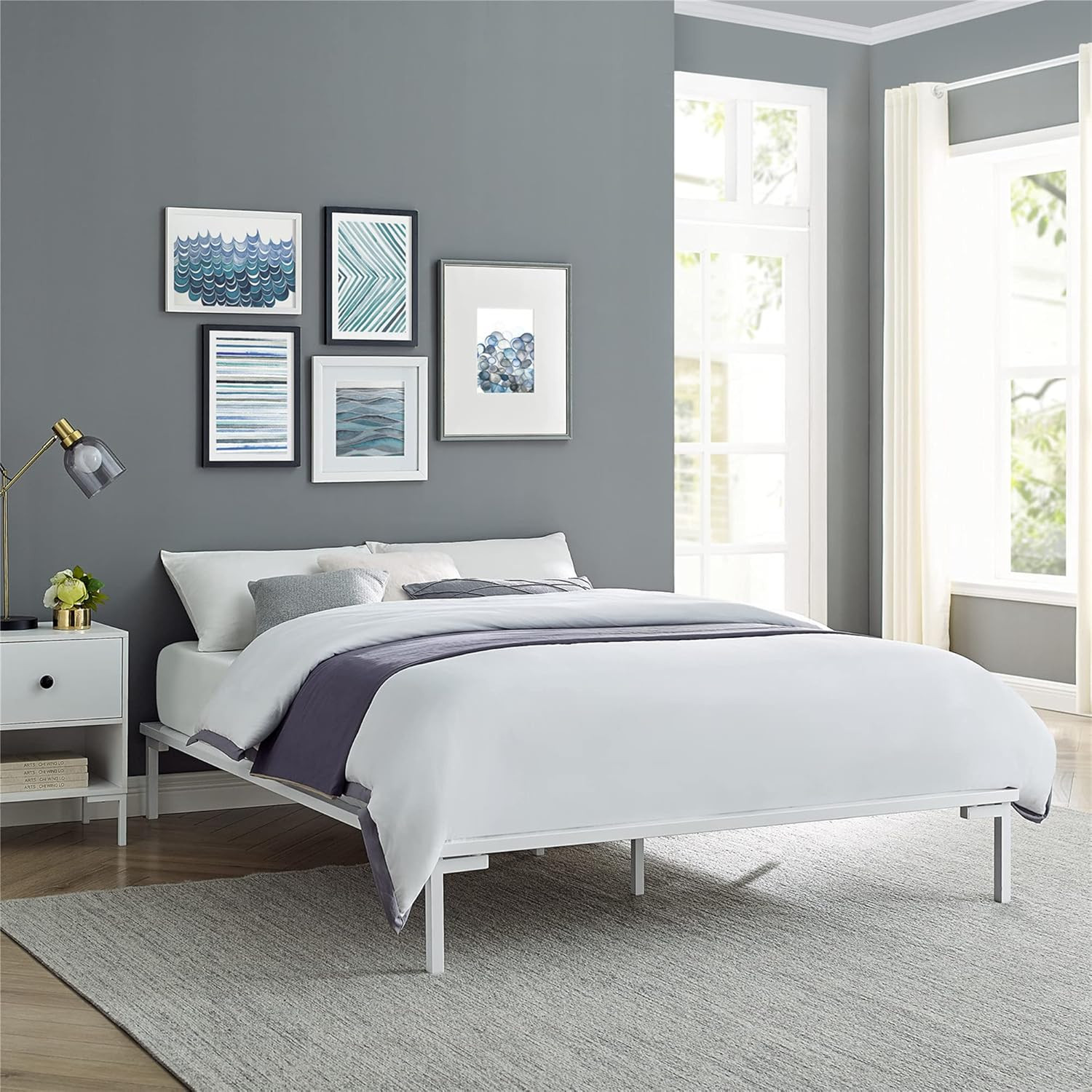 Coventry King Wood Slat & White Metal Platform Bed Frame