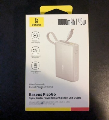 Baseus Power Bank, PD 10000Mah 45W 3-Output Portable Charger with Built-In Cable