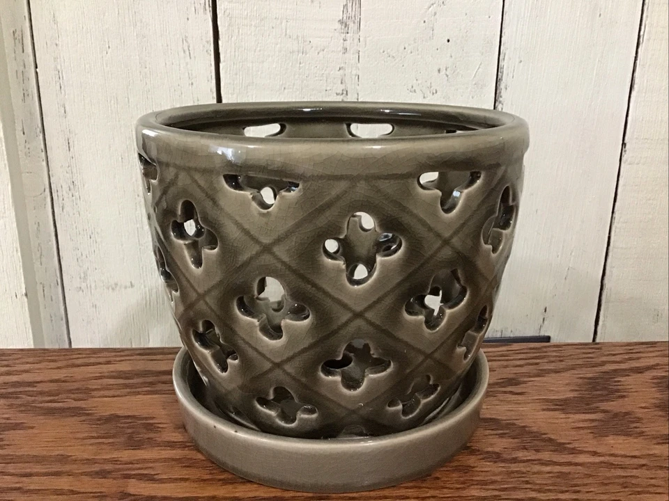 Hypehouse Allen & Roth 5 pulgadas Maceta para orquídeas con platillo gris marrón excelente C Foto 2 de 4