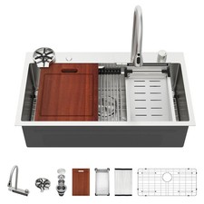 Waterfall Kitchen Sink - 33 Inch Drop In Workstation Sink With Waterfall Stai...