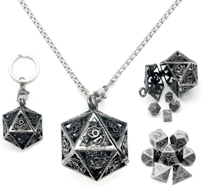 Mini Metal DND Dice Set with Hollow D20 Necklace Keychain Case Portable 7PCS