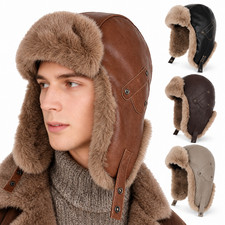 Men Adjustable Aviator Cap Outdoor Winter Hat Faux Leather Faux Fur Ear Flaps