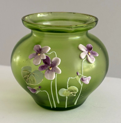 Vtg Boho Green Glass Vase Applied Purple White African Violets Flowers 2.75 