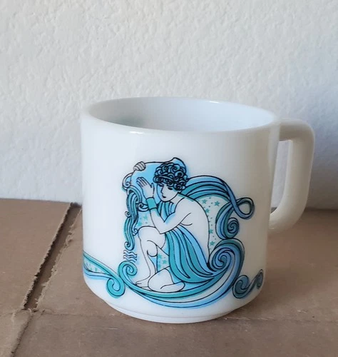 vintage 1976 Aquarius Zodiac milk glass mug designed by Beverly by KMA.