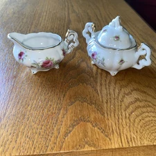 Lefton China Hand Painted Footed Creamer & Sugar with Lid