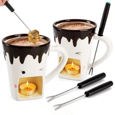 Set of 2 Fondue Mugs with Forks, Ceramic Personal Chocolate Melting Cup for C...