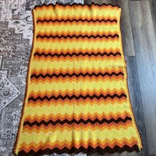 Vtg '70s Handmade Crochet Chevron Zig Zag Throw Lap Blanket 60x36” Orange