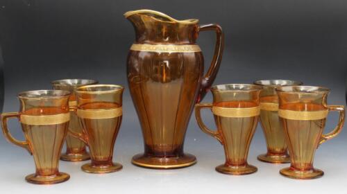 Ensemble de thé glacé antique Cambridge Amber Art 7 pièces pichet et lunettes manipulées - Photo 1 sur 12