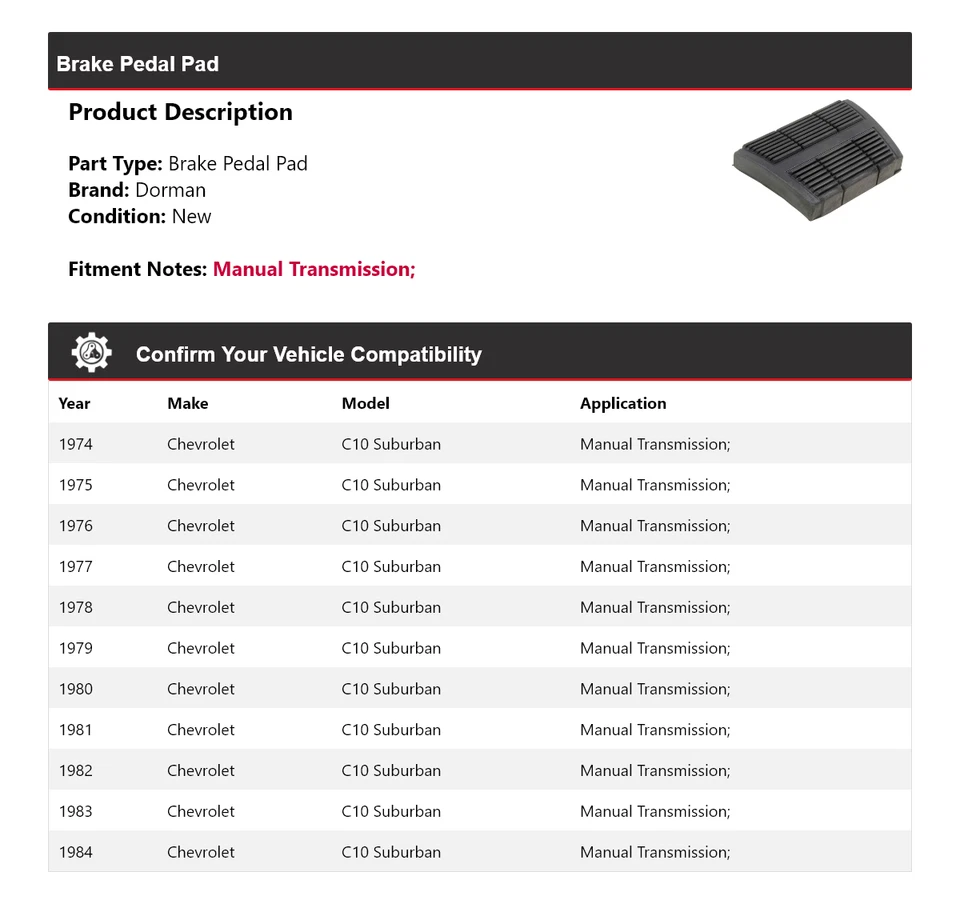 Pastilla de pedal de freno para Chevrolet C10 Suburban Dorman 1974-1984 1975 1976 1977 1978 Foto 2 de 4