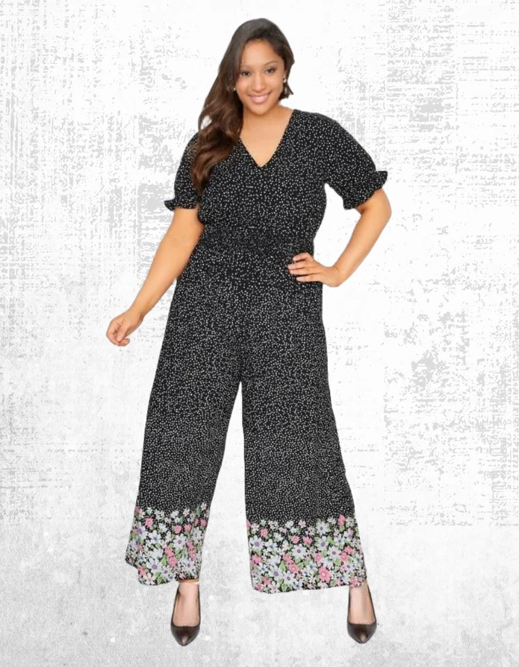 Ex Women’s Short Sleeve Floral Polka Dot Wide Leg Jumpsuits in Black — 第 2/4 张图片