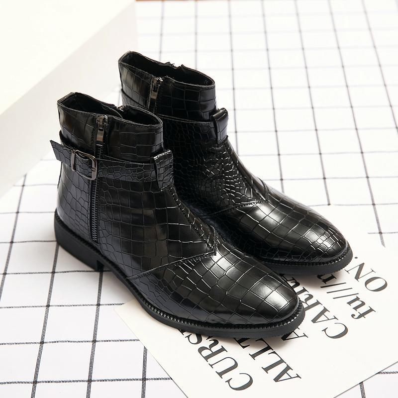 Mens Ankle Boots Metal Buckle Pointy Toe Cracked Zipper Casual