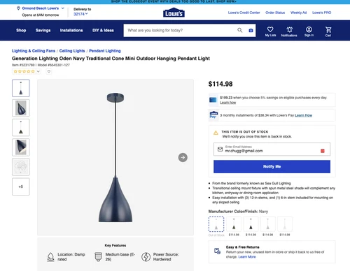 Navy Generation Lighting Visual Comfort Oden 1 Light 9 Inch Pendant 6545301-127 - Picture 4 of 5