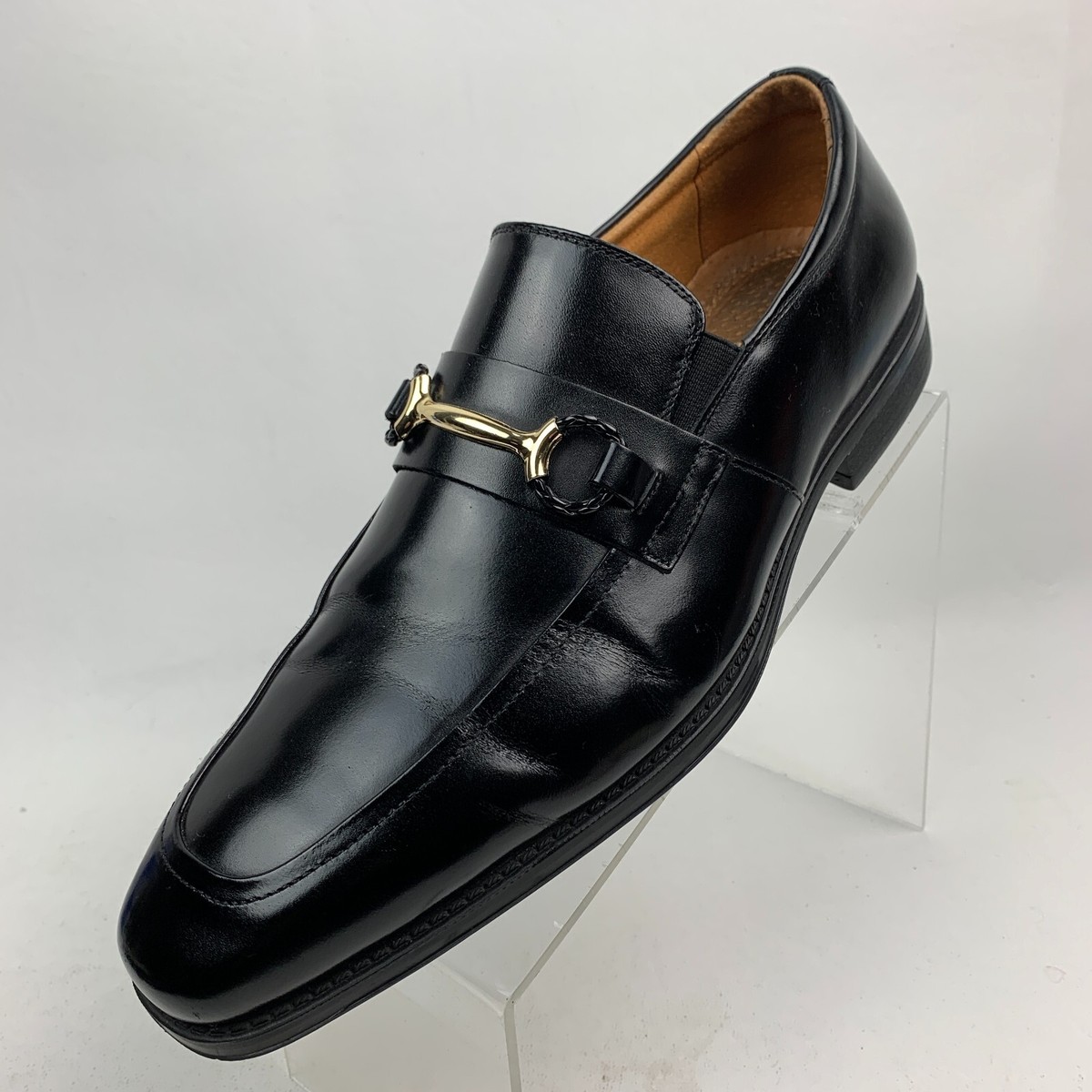 Stacy Adams Black Leather Slip-On Bit Loafers with Brown Heel Stacy Adams Bit Loafers Brown Leather Round Moc Toe Slip On  main image 2