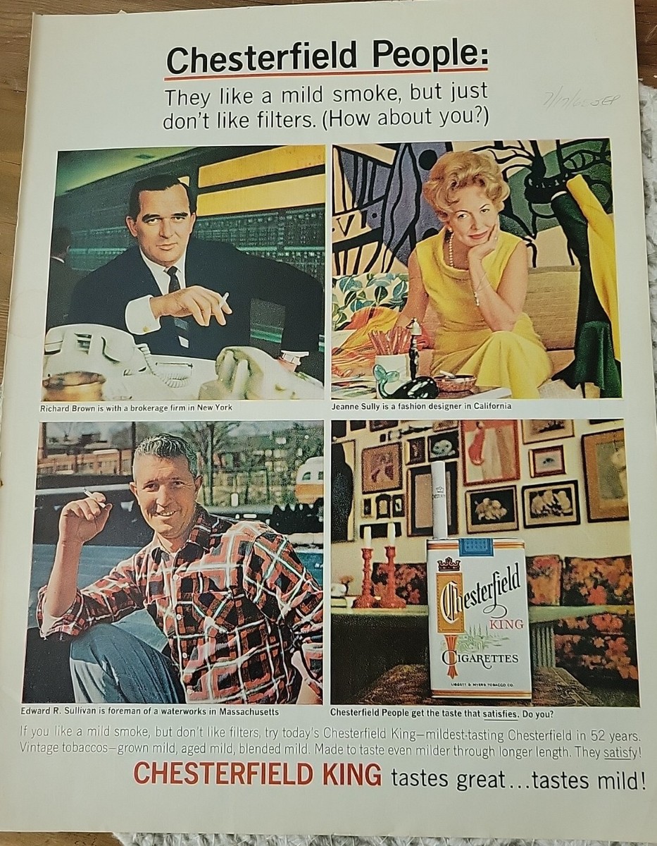 designer cigarettes 1965 Chesterfield King Cigarettes Brokerage firm Fashion Designer Foreman ad