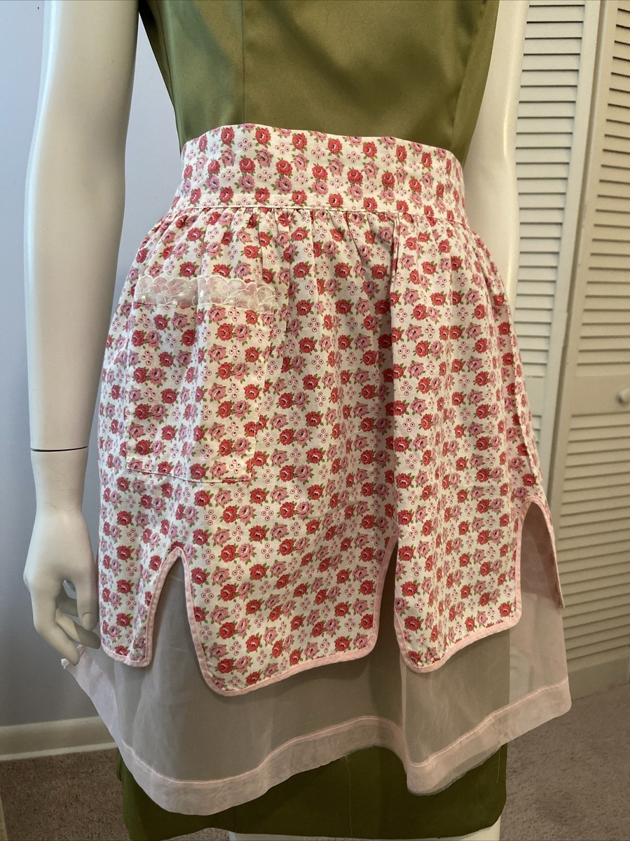 Vintage Apron Pink Sheer With Flower Pattern Reversible Pockets