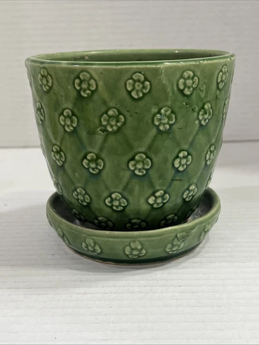 Vintage Shawnee Art Pottery Green Quilted Daisy Flowerpot Planter Saucer USA 455