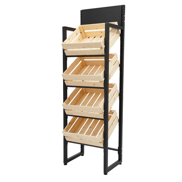 Soporte organizador de exhibición de mercado minorista de 4 niveles y 4 canastas para frutas y verduras
