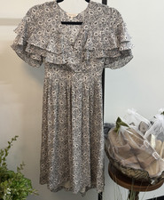 Rebecca Taylor Beige Black Floral Ruffle Flutter Sleeve Midi SILK Dress Size 0