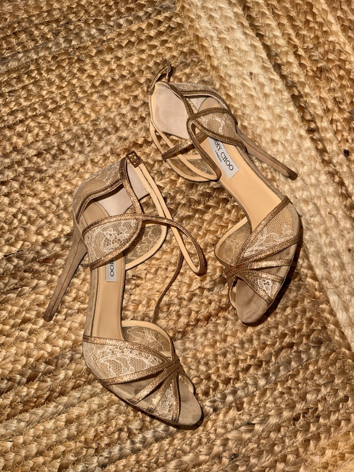 Jimmy Choo Metallic Gold Strappy Ankle‑Wrap Heels