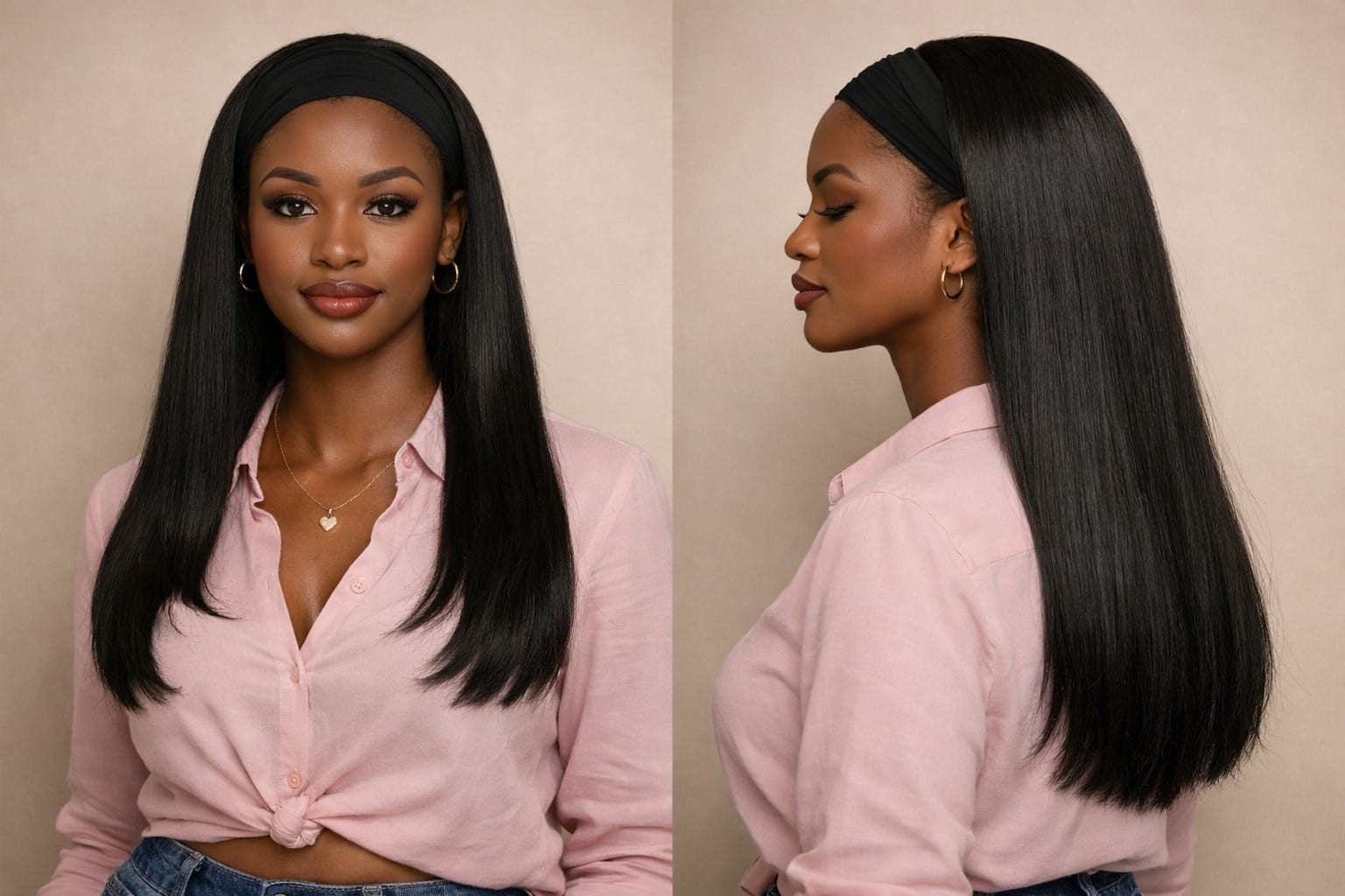 Perruque bandeau noire lisse 45 cm avec système de fixation rapide intégrée