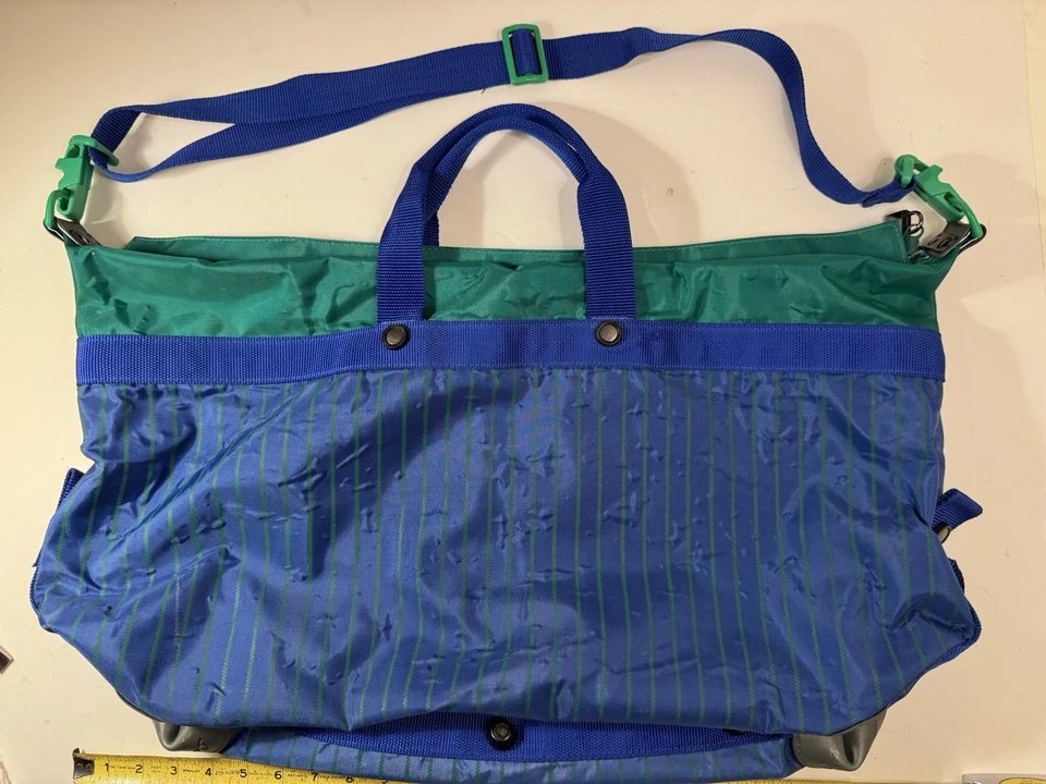 1991 Samsonite "Sammies" Green & Blue Striped Large Duffle Bag Detachable Strap - Image 2 of 4