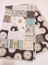 Pretty Homemade Patchwork Quilt Throw Florals Dots in Blues Browns 56 x 67"
