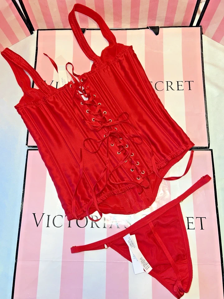 Hermoso lápiz labial rojo con cordones y tanga corsé de seda Victorias Secret XL Foto 2 de 3