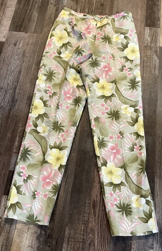 Pendleton Pants Womens 8 Tall Silk Cotton Floral Pink Green Side Zip Straight
