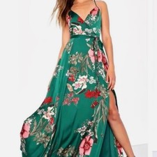 LULU’s Still the One Emerald Green Print Satin Maxi Dress Sz S *Tiny Flaw