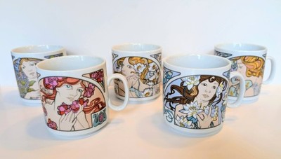 5 Vintage Porcelain Coffee Mugs Art Nouveau Czech/ Bohemia Mucha Floral Maidens 