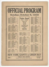 October 5, 1930 New York Giants at Green Bay Packers NFL Football Program