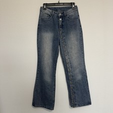 High Rise Straight Leg Button Accent Blue Denim Jeans Medium Wash Cotton Women  s