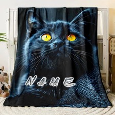 Personalized Black Cat Flannel Throw Blanket - Soft, Warm Lightweight for Cou