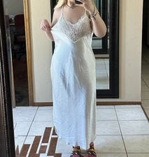 VTG 80s/90s Val Mode White Satin Nightgown Lingerie Maxi Slip Dress Size L Women