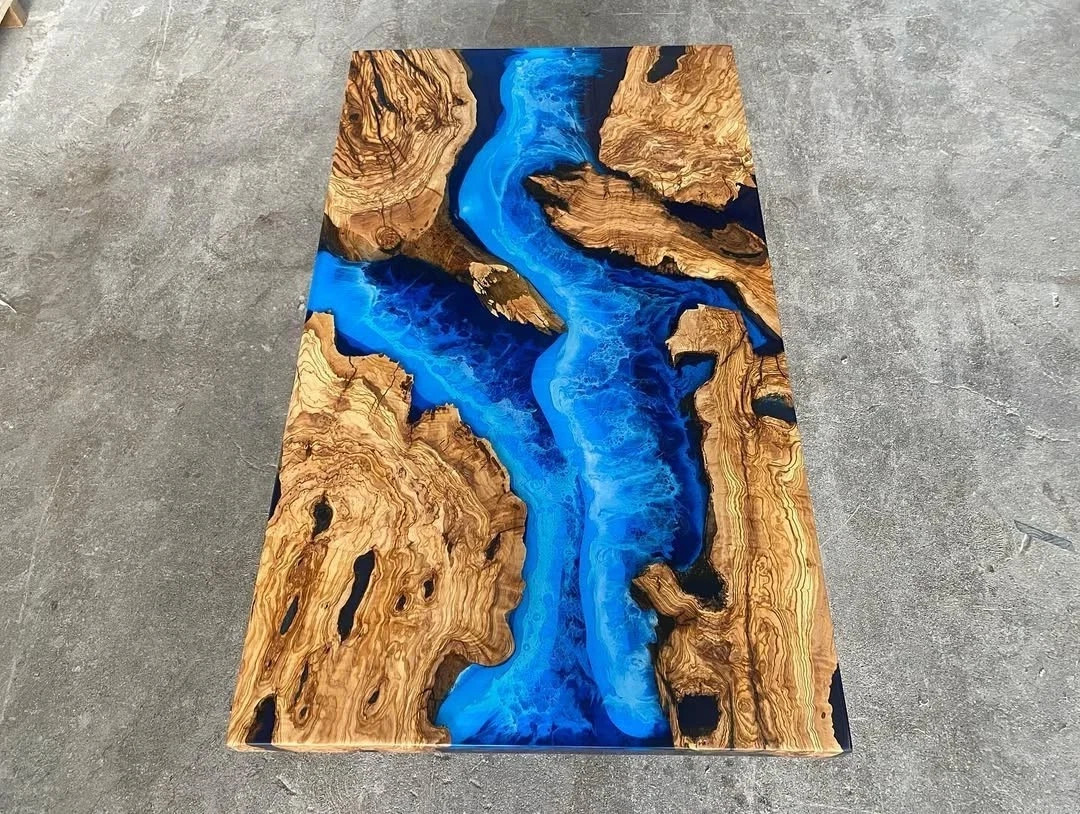 Handmade Ocean Blue Epoxy River Table – Live Edge Wood Resin