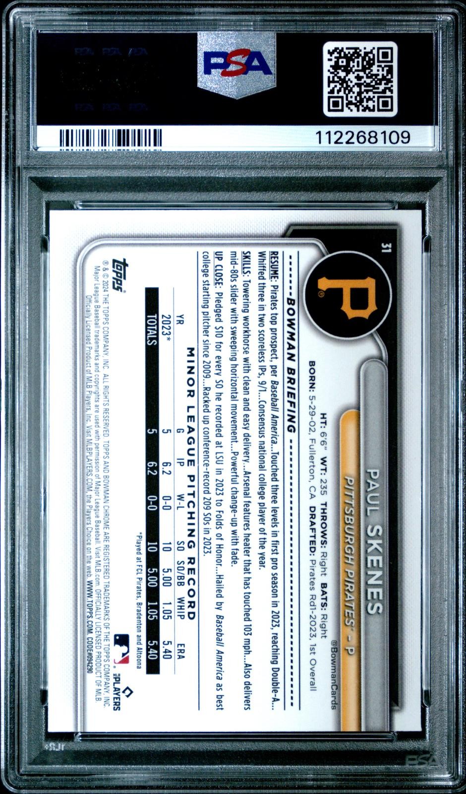 2024 Bowman Chrome #31 Paul Skenes PSA 9 view 2