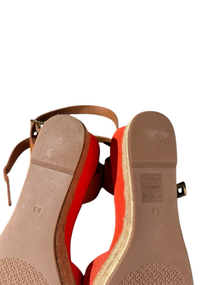 NOVO Tory Burch Laranja Tecido Cunhas Alpargatas Alpargatas Tiras de Couro - Imagem 3 de 4