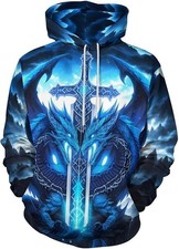 3D Twin Blue Dragons Magic Sword Hoodie Fantasy Glow Unisex Pullover