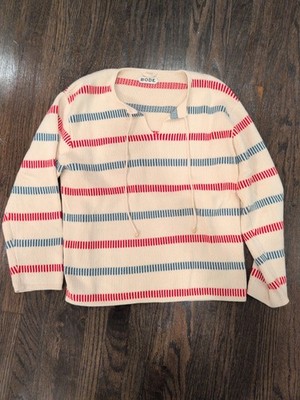 BODE Striped Crochet Knit Pullover Hoodie Sweater Cream Red Blue Sz S