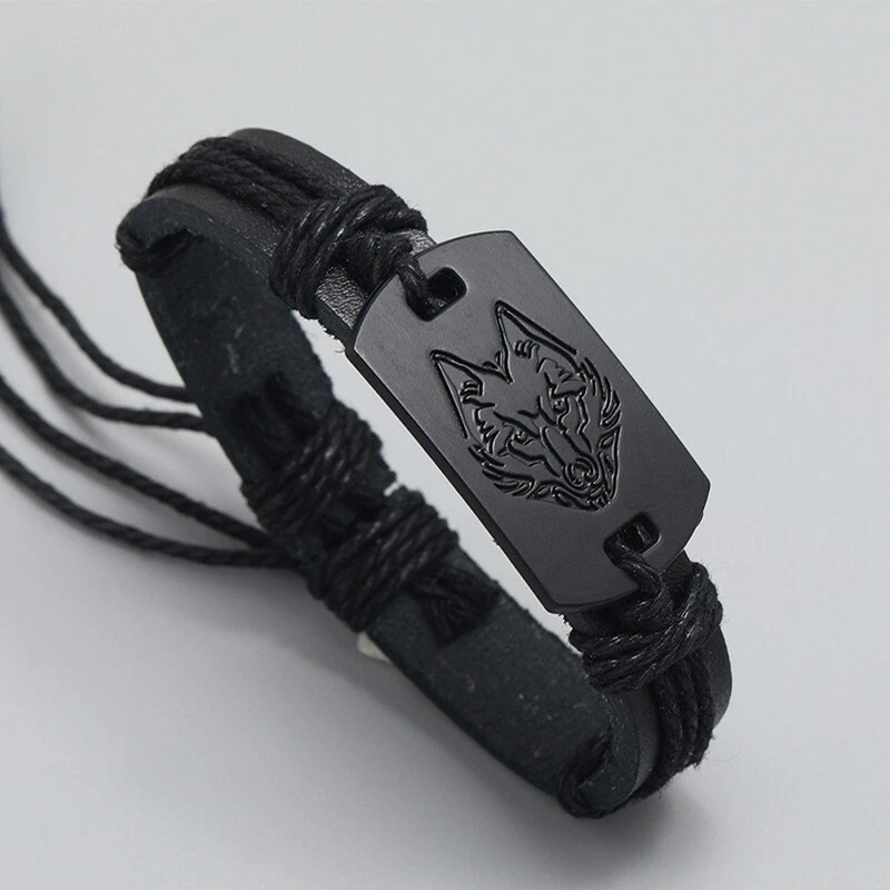 Mens leather wolf bracelet discount